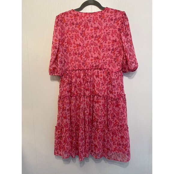 Taylor Pink Floral Print Dress 12 V-Neck Button Front Tiered Midi Lined Artsy - Picture 2 of 15